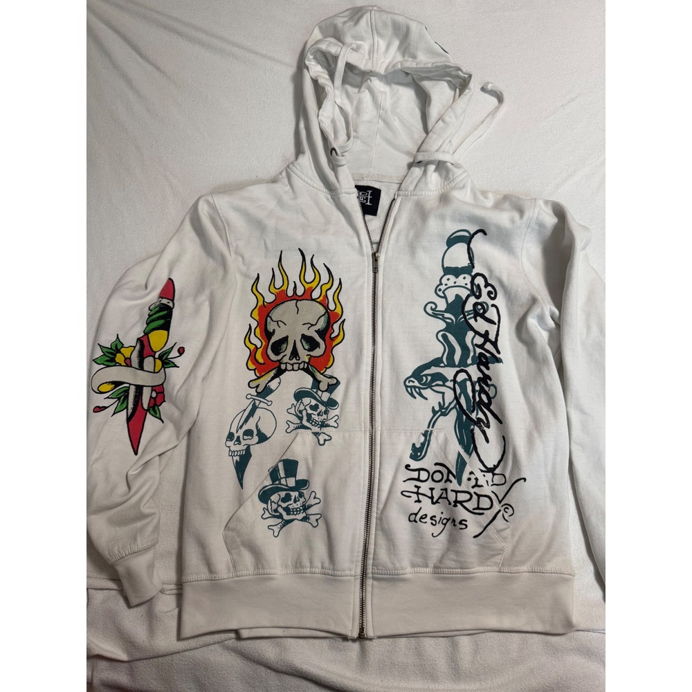 Ed Hardy White Zip Up Hoodie Skull Dagger Tattoo Graphic Mens Medium